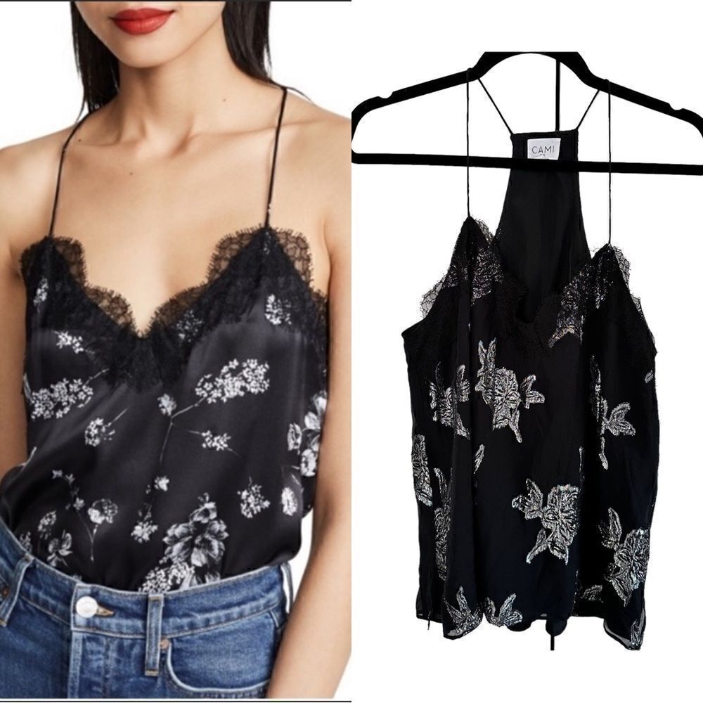 Cami NYC The Racer Black Silk Floral Lace Trim Metallic Embroidered